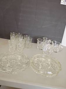 lot 2441 image: Prescut Depression Glass Star of David Juice Glasses, Creamers and Sugar Bowl and 2 Ashtrays