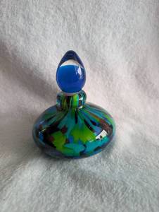 lot 1000 image: Handblown Art Glass Perfume Bottle with Blue Green Swirl Pattern
