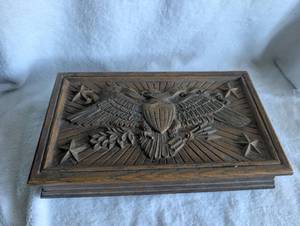 lot 1506 image: Carved Eagle Wood Jewelry Box with Mixed Jewelry Collection