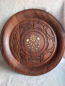 lot 2013 image: Hand Carved Wooden Bowl with Brass Inlay Floral Design