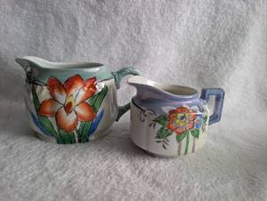 lot 3011 image: Hand-Painted Floral Ceramic Cream and Sugar Set