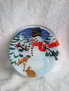 lot 3017 image: Peggy Karr Christmas Winter Scene Glass Plate with Snowman and Wildlife