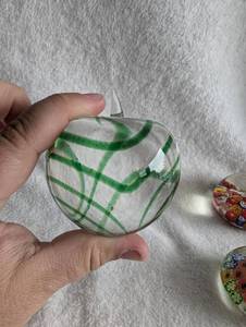 lot 3504 image: Green Striped Glass Apple Paperweight