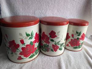 Metal Kitchen Canisters with Red Rose Pattern - 3 ct