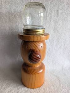 lot 4014 image: Funny Face Wooden Peanut Dispenser with Mason Jar