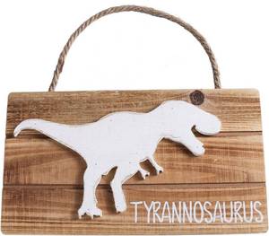 lot 4593 image: NIKKY HOME Dinosaur Wood Wall Plaque Sign with Rope, 11x6, White