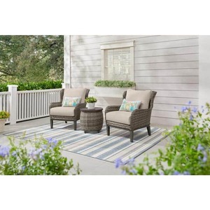 lot 15904 image: Hampton Bay Cooper Lake 3-Piece Wicker Patio Conversation Set with CushionGuard Putty Cushions - Retail $618
