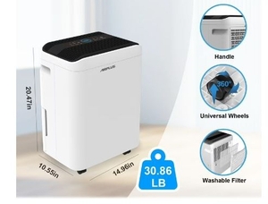 lot 35651 image: AIRPLUS 70 Pint Dehumidifier for Basements with Drain Hose, Covers 4,500 Sq.2 Ft, Quiet Dehumidifier for Large Home, Garage, Living Room, DOE 18.73 Pints, White - Retail $175