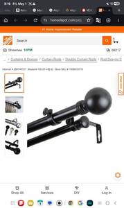 lot 35656 image: Rod Desyne 48 in. - 84 in. Double Curtain Rod in Black with Finial - Retail $54