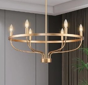 lot 35659 image: 6-Light Gold Chandelier, Candle Chandeliers for Dining Room, Vintage Farmhouse Chandelier Light Fixture for Entryway, Bedroom, Foyer and Living Room