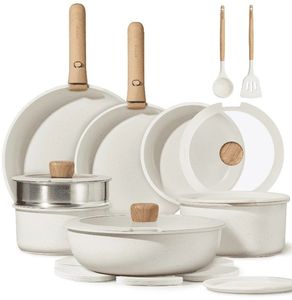 lot 33608 image: Carote 21 Pcs Nonstick Cookware Set, Pots and Pans Set with Detachable Handles, OvenDishwasher Safe, Stackable Kitchen Cooking Set - Retail $90