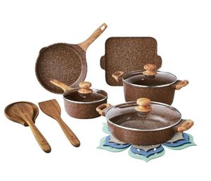 lot 33609 image: The Pioneer Woman Prairie Signature 14-Piece Cast Aluminum Cookware Set, Brown - Retail $119