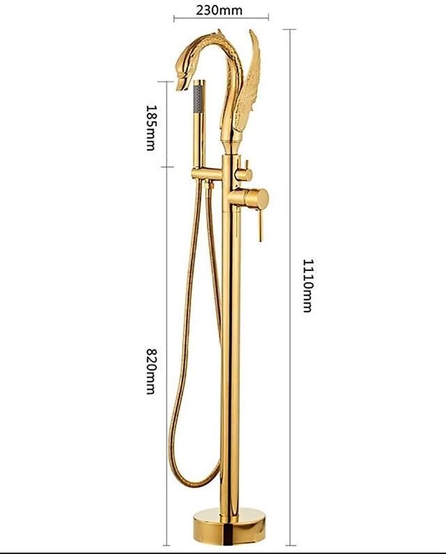 lot 35034 image: Freestanding Bathtub Faucet Brass Freestanding Tub Faucet Hot and Cold Water Floor Mounted Faucets with Handheld Shower Floor Mounted Bathtub Faucet Swan Tub Tap, Gold - Retail $176