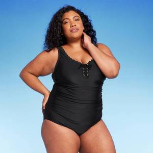 lot 38124 image: Womens Grommet Scallop Full Coverage One Piece Swimsuit - Kona Sol Black Size 16