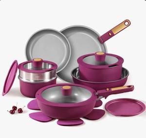 lot 33627 image: CAROTE 21-Piece Purplepots And Pans Set Non Stick With Detachable Handle, Induction Cookware Set, Nonstick Kitchen Cooking Set - Retail $90