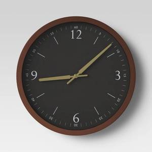 lot 15937 image: 20 Walnut Woodgrain Wall Clock Black - Threshold Modern Analog Display, Indoor Decorative Timepiece (20 Diameter) (Minor Damage to Frame )- Retail $54