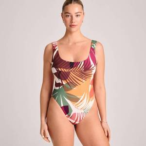 lot 38132 image: Vitamin A Womens Scoop Neck Full Coverage One Piece Swimsuit - Multi Palm Print -Size M