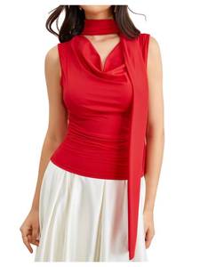 lot 38138 image: Womens Ruched Cowl Neck Draped Tank Top- Red Size L
