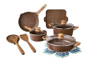 lot 33611 image: The Pioneer Woman Prairie Signature 14-Piece Cast Aluminum Cookware Set, Brown - Retail $119