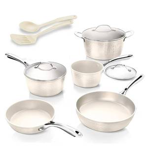 lot 33613 image: Gotham Steel Hammered Cream 8 Piece Ceramic Nonstick Cookware Set With Lids - Oven & Induction Safe  (No Utensils) - Retail $99