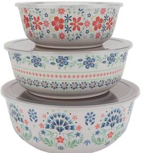 lot 38088 image: The Pioneer Woman Hattie 6-Piece Bamboo Melamine Bowl Set with Lids, Multicolor- (Missing Lid for Large Bowl)