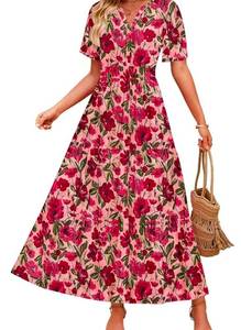 lot 38093 image: Floral Short Sleeve V-Neck Pleated Long Maxi Dress Elastic Waist Boho Size XL