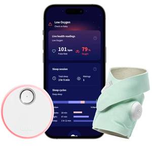 lot 38102 image: Owlet Dream Sock - Smart Baby Monitor View Heart Rate and Average Oxygen O2 as Sleep Quality Indicators. Wakings, Movement, and Sleep State. Digital Sleep Coach and Sleep Assist Prompts - Mint - Retail  $300