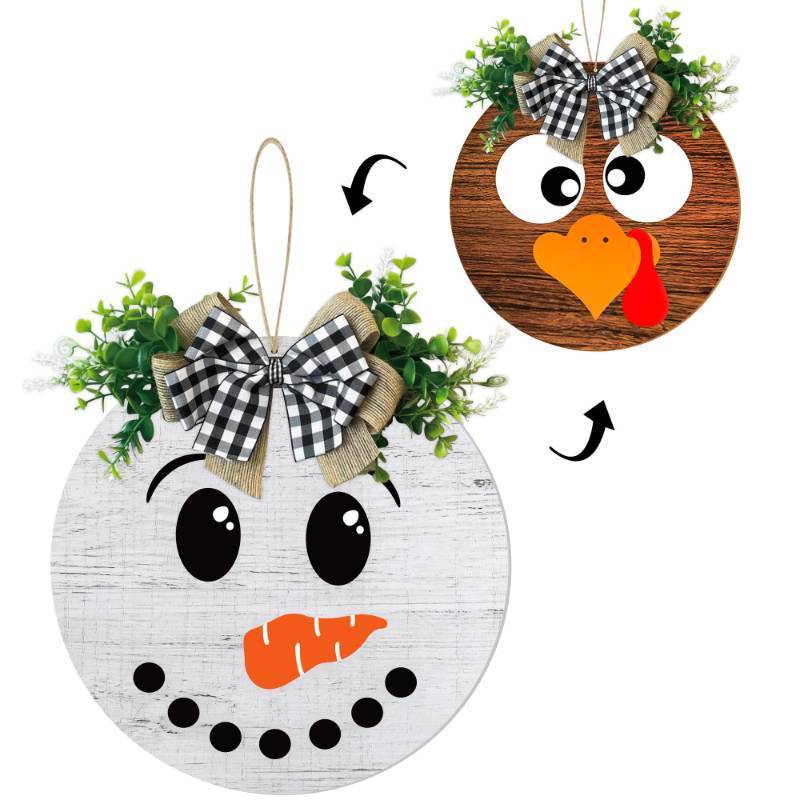 lot 32145 image: ThanksgivingWinter Hanging Door Sign, TurkeySnowman Reversible Door Wreath