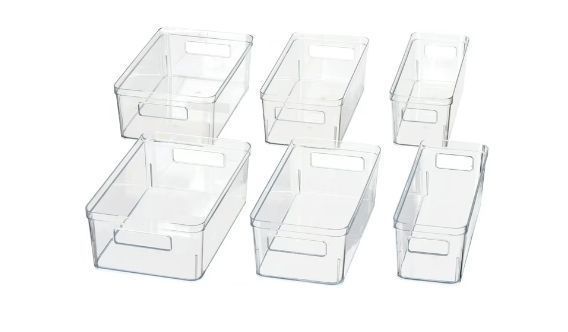 lot 6482 image: Mainstays 6-Piece Clear Plastic Fridge Storage Organizer Bin Set, Refrigerator Organizer Containers for Kitchen, Pantry and Cabinet Organization