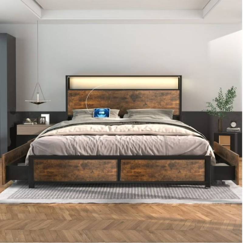 lot 15677 image: LED Full Bed Frame with Storage Headboard Industrial Metal Platform Bed with Power Charging Station & USB Ports (Size Full) - Retail $189