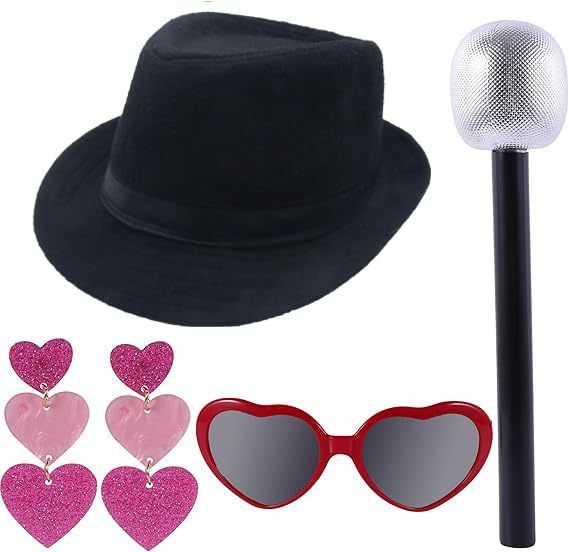 lot 32188 image: 4 Pcs Halloween Singer Costume Black Bowler Hat Heart Sunglasses Fake Microphone and Cute Earrings