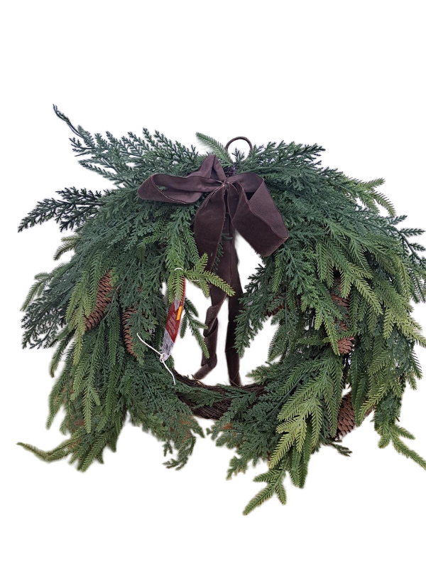 lot 13829 image: Cedar and Pinecones Christmas Wreath, Green and Brown, 22, by Holiday Time