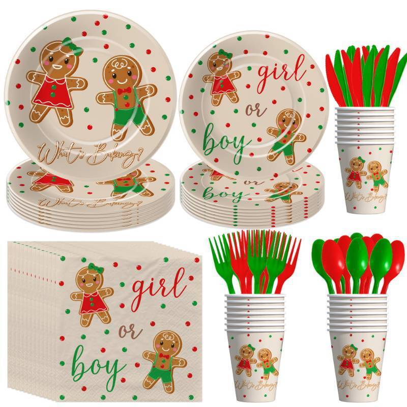 lot 32473 image: Christmas Gingerbread Gender Reveal Decorations, Gingerbread Boy Or Girl Theme Cookie Whats Baking Gender Reveal Party Supplies, Xmas Plate, Cup, Napkin, Disposable Cutlery, Serve 24