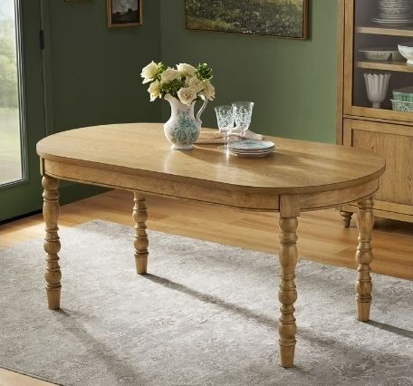 lot 35080 image: The Pioneer Woman Willa Spindle Solid Wood Dining Table, Heirloom Wheat Finish, Farmhouse Style - Retail $328