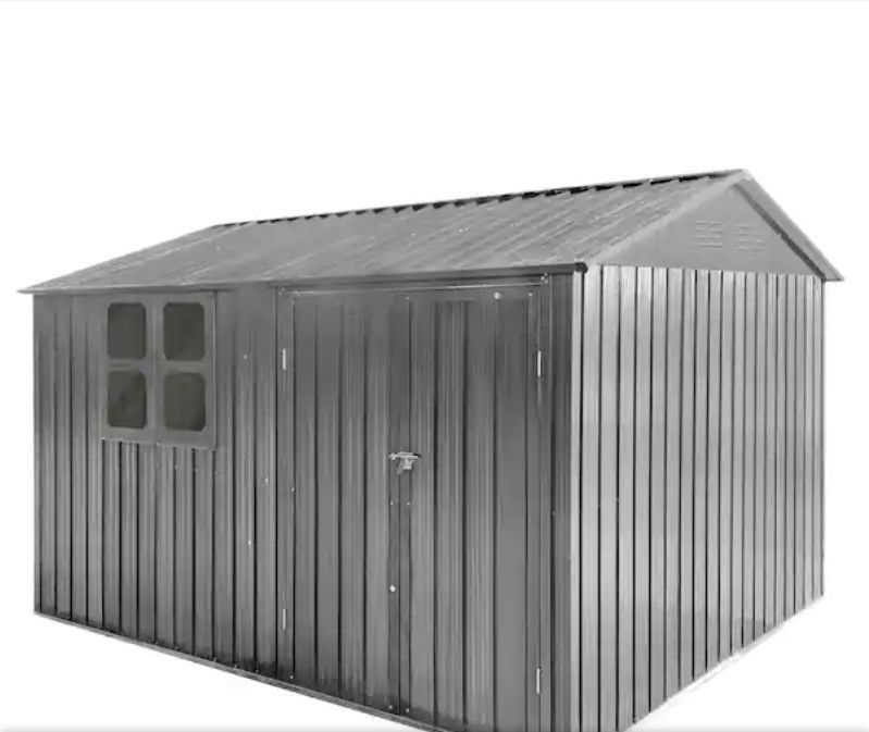 lot 35089 image: 10 ft. W x 8 ft. D Metal Garden Sheds for Outdoor Storage with Double Door and Window in Gray (80 sq. ft.) - Retail $766