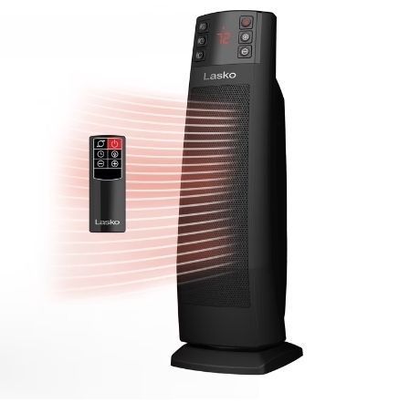 lot 35158 image: Lasko 22 Oscillating 3-Speed Ceramic Tower Space Heater with Tip-Switch, Remote, CT22850 - Retail $59