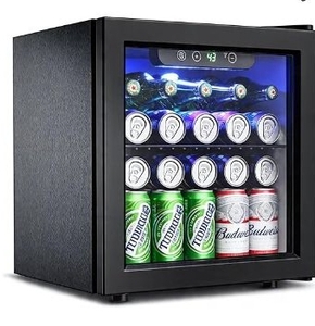 lot 35684 image: Feelfunn 50 Can Beverage Refrigerator Cooler - 1.3 Cu.Ft Mini Fridge with Glass Door, Soda Beer Drink Wine Fridge, Countertop Small Refrigerator for Bedroom Office Home Dorm Bar, Black - Retail $118
