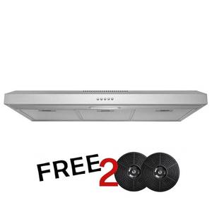 lot 35685 image: 36 in. 58 CFM Convertible Under Cabinet Range Hood in Brushed Stainless Steel with 2 Carbon Filters and Push Button - Retail $169