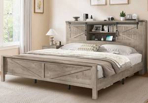 lot 33635 image: Oceant Sherell Farmhouse Bed Frame Storage Bookcase Headboard, Rustic Gray - Retail $303