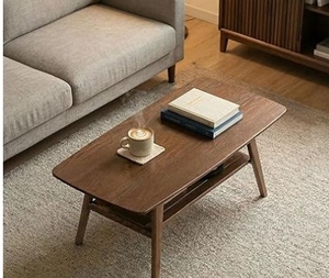 lot 35707 image: Mid Century Modern Coffee Table 100% Solid Wood Coffee Table - 2-Tier Storage Design - Practical Coffee Tables for Living Room, Apartment, Easy Assembly (Walnut, 39.37) - Retail $218