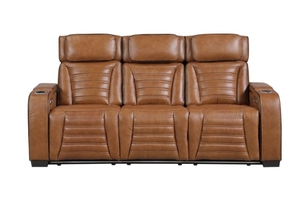 lot 35714 image: 8344BRW-3PWHM Power Double Reclining Sofa with Center Drop-Down Cup Holders, Power Headrests, Storage Arms (Top and Side) ,Cup holders, Reading Lights, Wireless Charger, Air Massage, Heat, LED Lighting and Charging Ports - Retail $1718