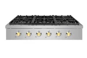 lot 33640 image: NXR Entree 36 in. Professional Style Gas Cooktop with 6-Burners in Stainless Steel and Gold - Retail $999