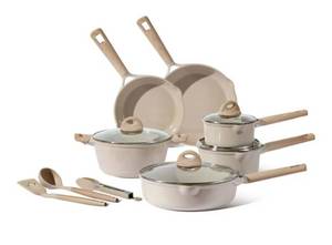 lot 15948 image: Carote Ceramic Nonstick Pots and Pans Set, 13 Pieces Non-Toxic Kitchen Cookware Sets Compatible for All Stoves, Taupe - Retail $80