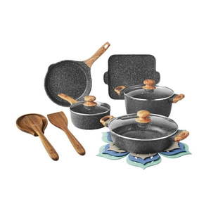lot 35695 image: The Pioneer Woman Prairie Signature 14-Piece Cast Aluminum Cookware Set  Charcoal - Retail $129