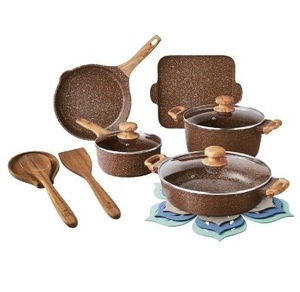 lot 35696 image: Pioneer Woman Prairie Signature 14-Piece Cast Aluminum Cookware Set Brown - Retail $45