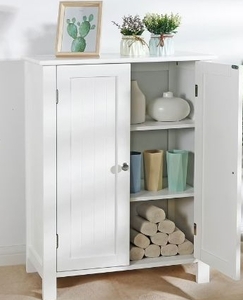 lot 35706 image: White Wooden Bathroom Floor Storage Cabinet with 3 Shelves - Retail $50
