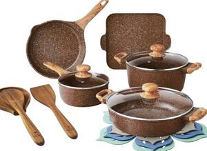 lot 38165 image: The Pioneer Woman Prairie Signature 12 Piece Cast Aluminum Cookware Set, Brown (MISSING SPATULA AND SPOON)