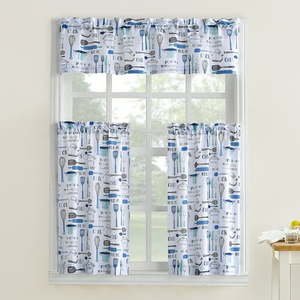 lot 38146 image: Mainstays Bistro 3 Piece Kitchen Curtain Tier and Valance Set  54 x36   BistroBlue