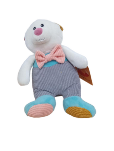 lot 38185 image: White Plush Bear with Pink Bow Tie and Corduroy Overalls