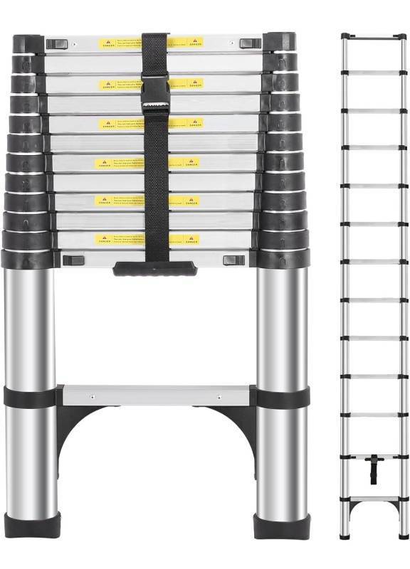 lot 33356 image: DEZEX Telescoping Ladders 16.5 FT Aluminum Ladder - One-Button Retraction Collapsible Extension Ladder for Home,RV,Attic & Loft, Lasts 330 LBS with 2 Triangle Stabilizer - Retail  $127